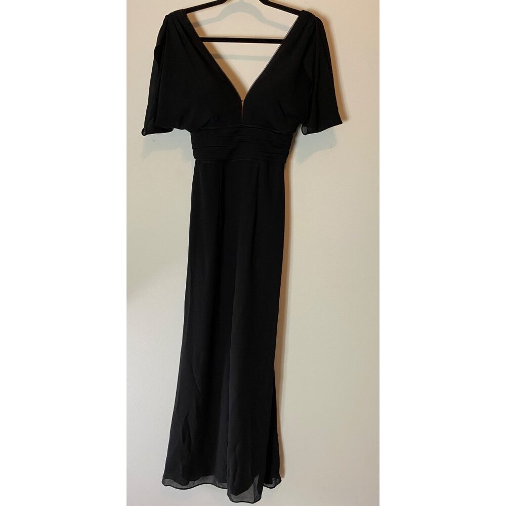 Bariano Dress Black Formal Evening Gown Flutter Sleeves & Deep V-Neck